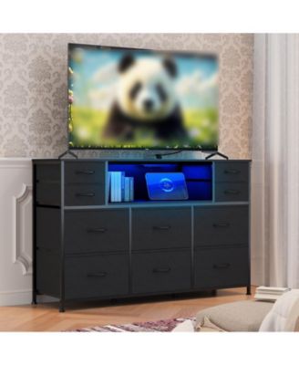 TV Stand 10 Dresser for 40-55 Inch TVs, 47 Inch Fabric Storage Cabinet with Led Lights and Charging Station for Bedroom Living Room Entryway
