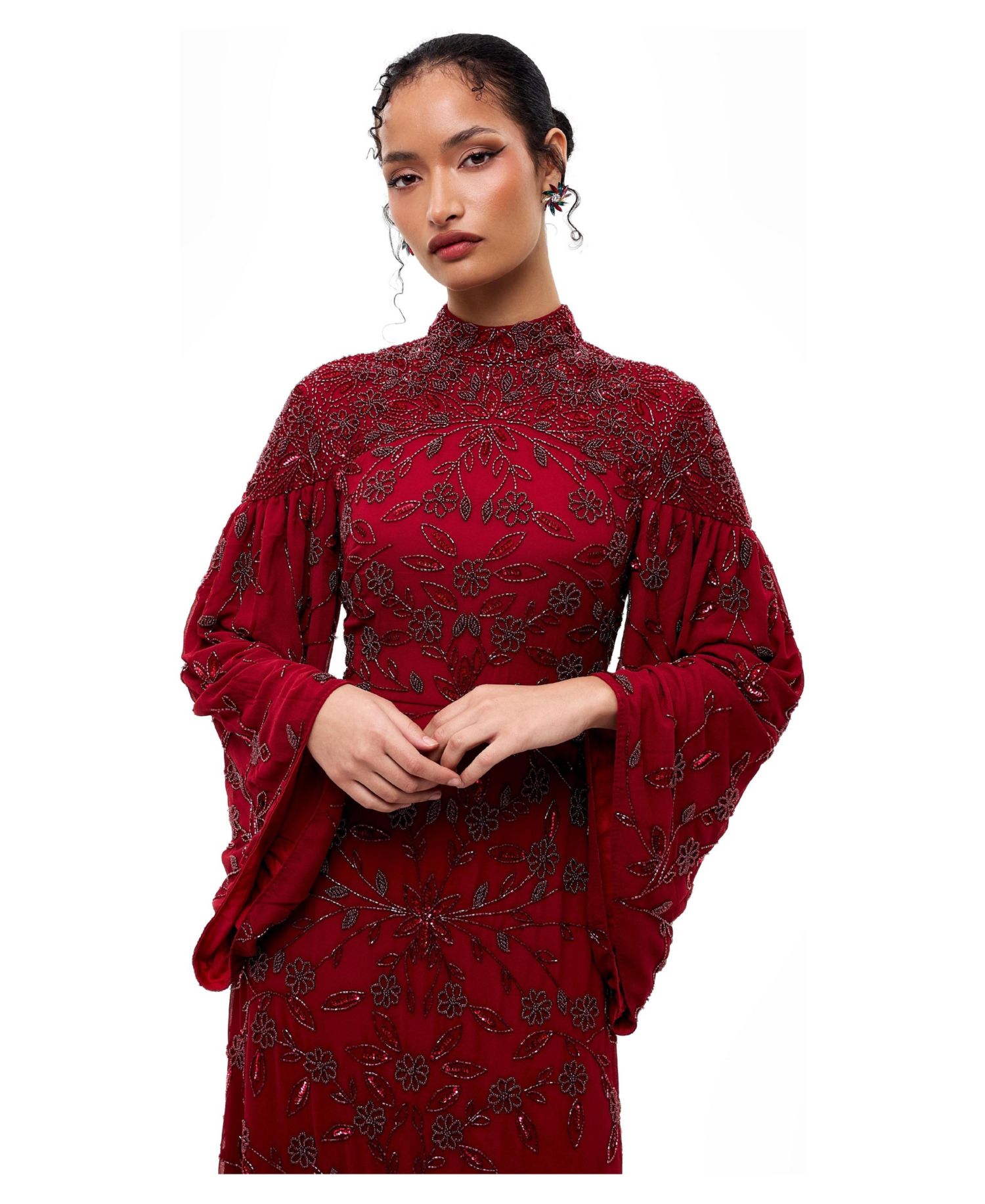 Women's Modest Embellished Sequins High Neck Gown