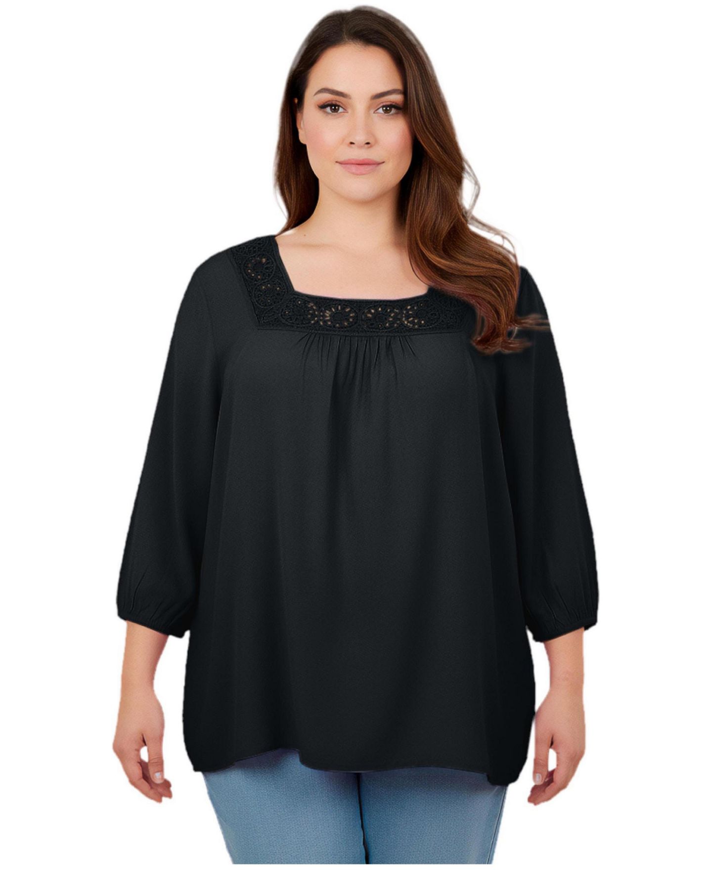 Женская блузка Avenue Lace Neckline Peasant, цвет: Чёрный — фото 1