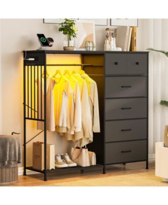 6 Drawer Dresser, 49 Inch Wood Tall Storage Cabinet with Hanging Rack and Led Lights for Bedroom Living Room Entryway
