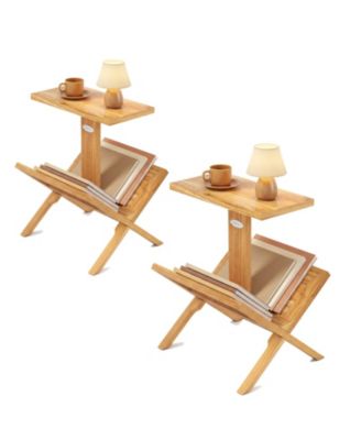2-Piece 2-Tier Bookshelf Small Bookcase with Teak Wood Frame and Anti-Slip Foot Mats