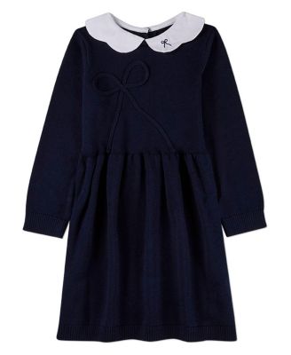 Little Girls 6-4 100% Cotton Midi Dress with Scalloped Pop Collar and Bow Accents
