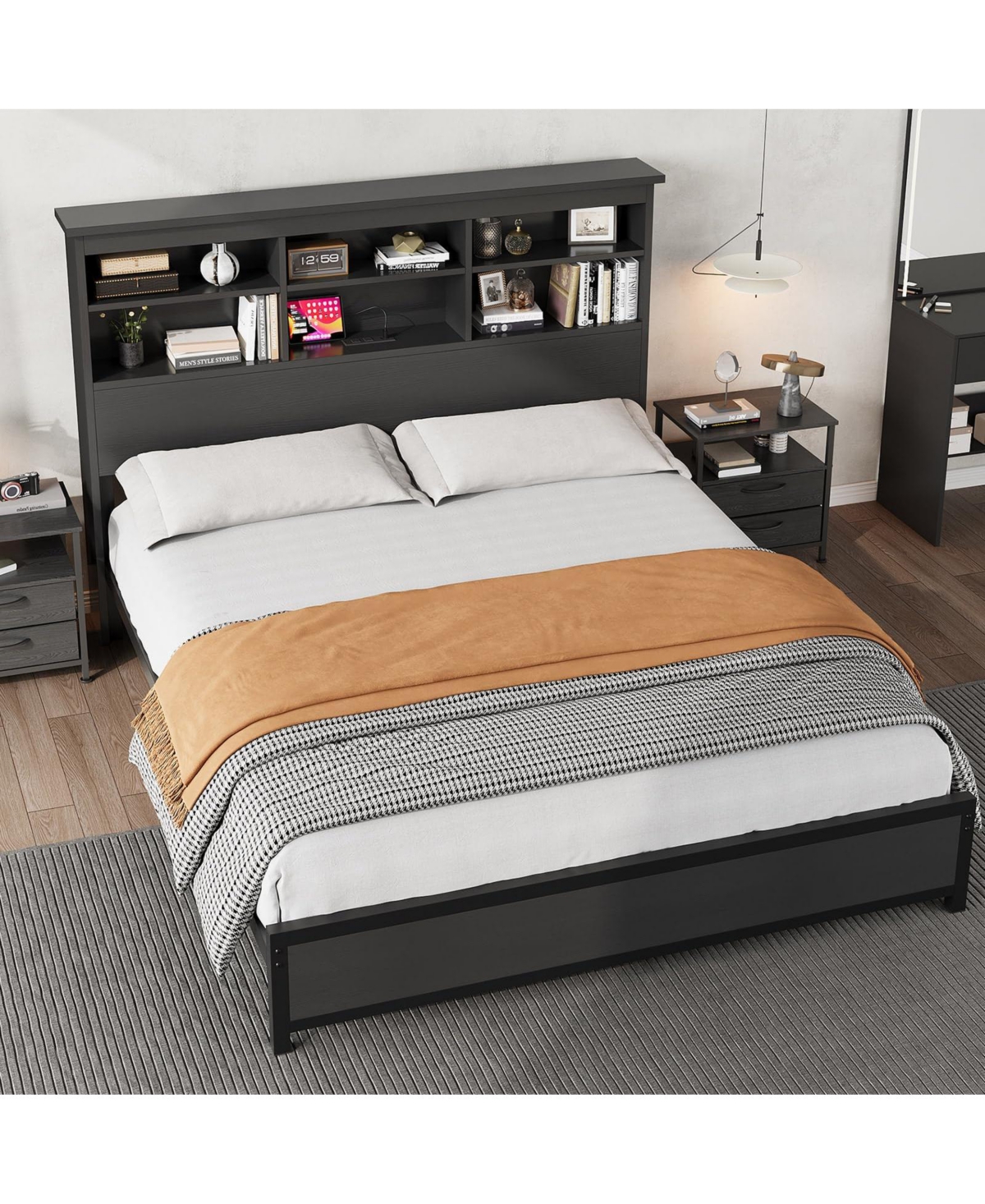 homfan Bed Frame with Bookcase Headboard, 2-Tier Storage Platform Bed with Charging Station, No Box Spring Needed