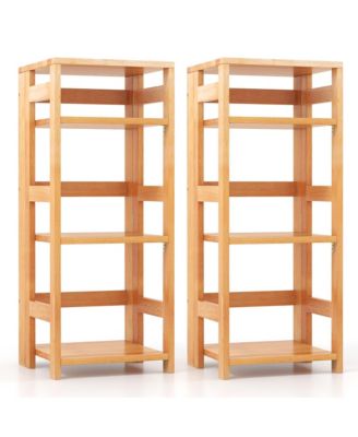 2 Piece 4 Tier Bookshelf Floor Storage Shelf with Rubber Wood Frame Anti Toppling Kits