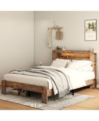 King Size Wood Platform Bed Frame with Storage LED Headboard, USB Charging, Wood Slats, No Box Spring Needed