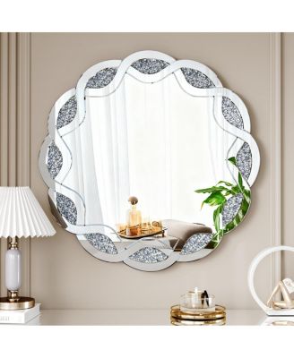 31.5" Round Wall Mirror, Diamond Decorative Vanity Mirror for Bathroom, Entryway and Living Room
