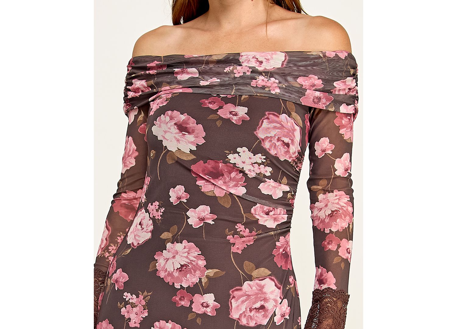 Juniors' Off-The-Shoulder Long-Sleeve Floral Printed Mesh Midi Dress