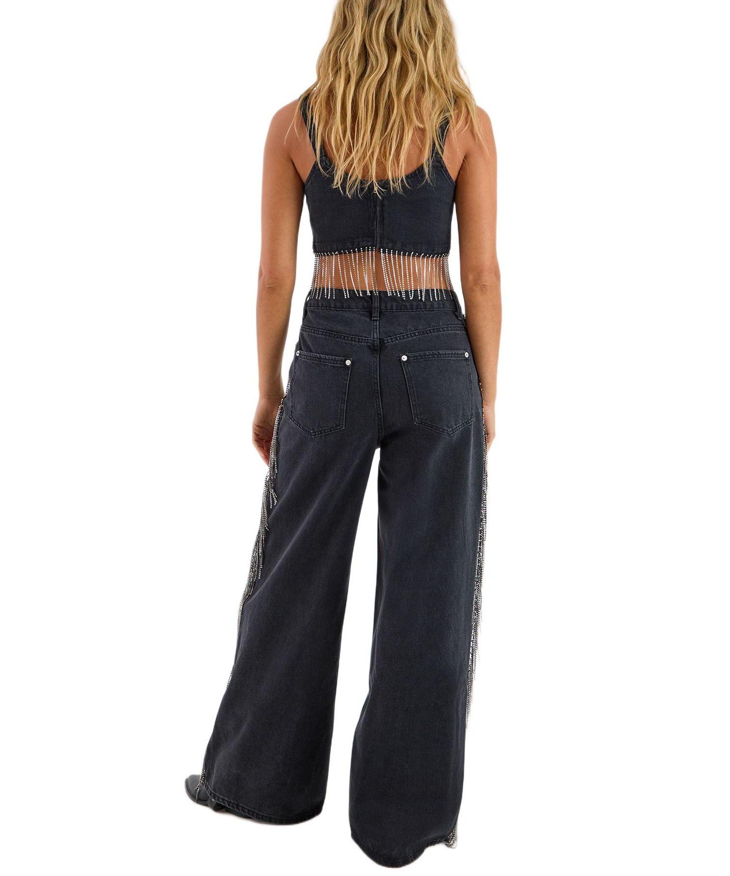Women's Denim Diamonte Tassel Straight Leg Jeans
