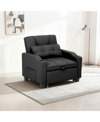 Convertible Sleeper Chair Pull Out Bed, Single Sofa Recliner with Vibration Massage, USB/Type-C Ports, Cup Holders and Side Pocket