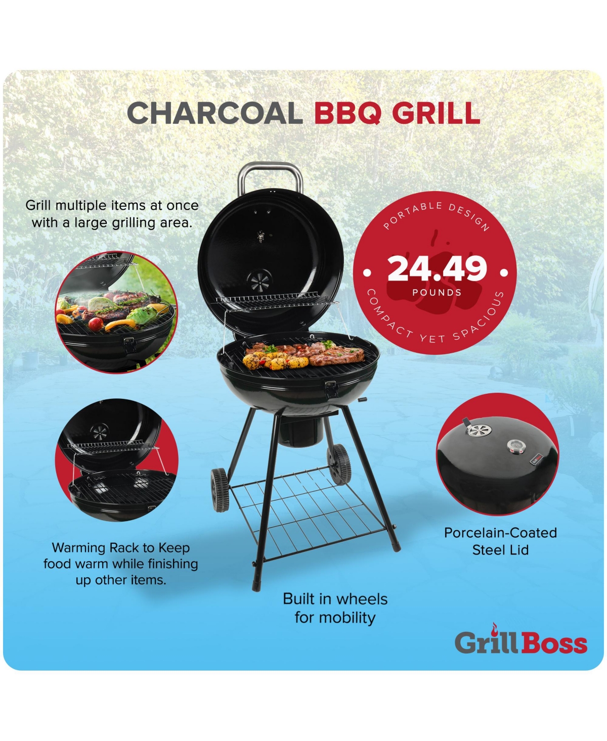 Grill Boss 22" Kettle Charcoal Grill, Porcelain Lid, Large Cooking Area