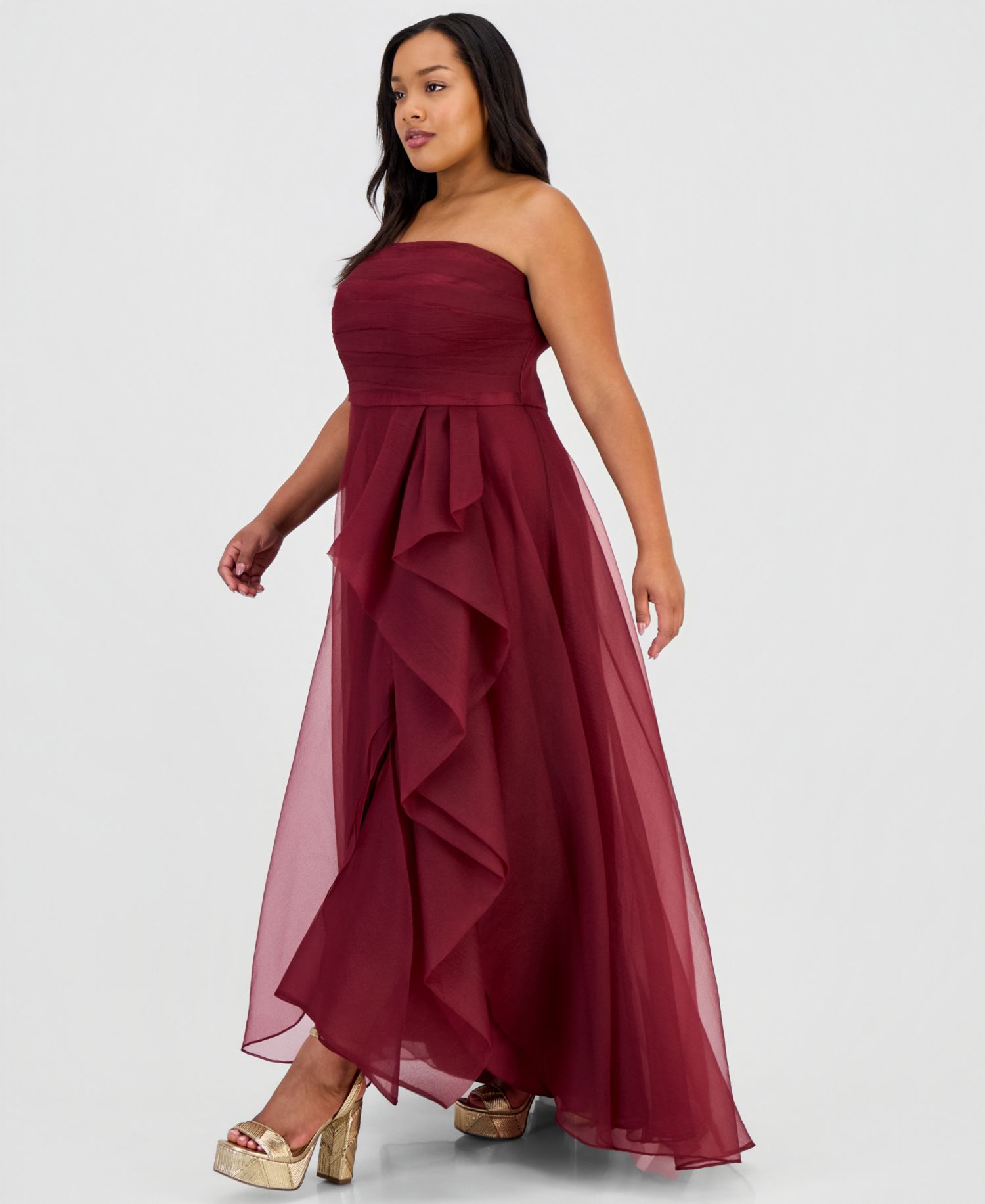 Trendy Plus Size Ruffled Strapless Gown