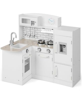 Kid's Corner Kitchen Playset Wooden Chef Play with Sink Stove Range Hood Utensils