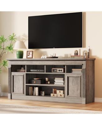 68" Farmhouse TV Stand for TV Up to 75", Entertainment Center Console Table with Open Storage Shelves and Cabinets (No Fireplace)