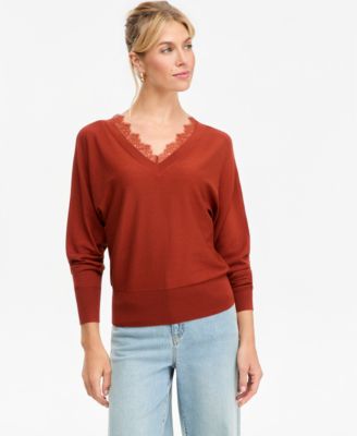 Women's Lace Trim Double V Neck Dolman Long-Sleeve Viscose-Blend Sweater