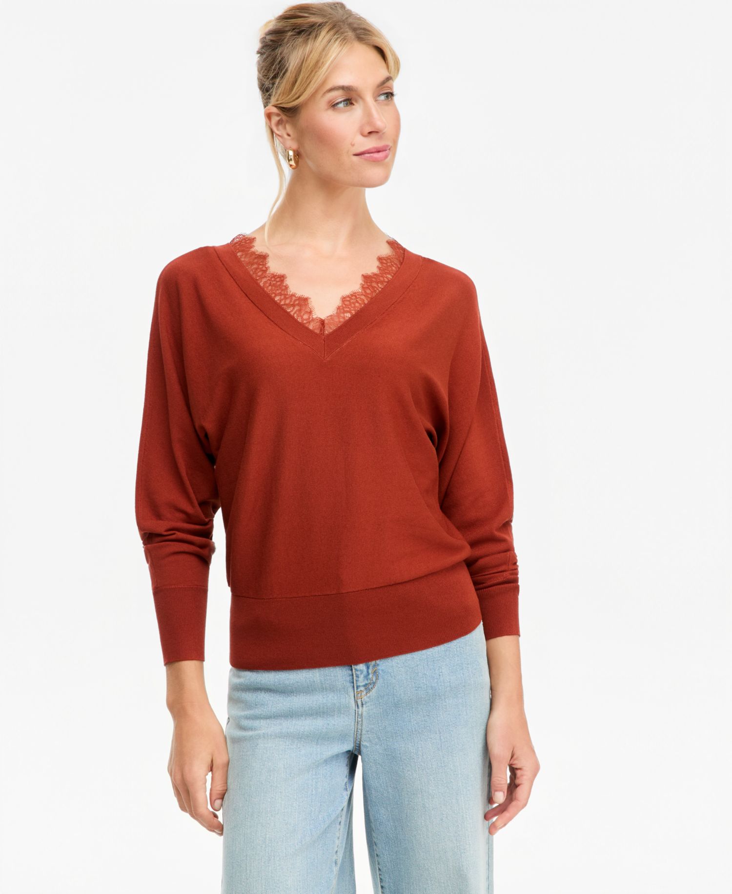 Petite Lace Trim Double V Neck Dolman Long-Sleeve Viscose-Blend Sweater
