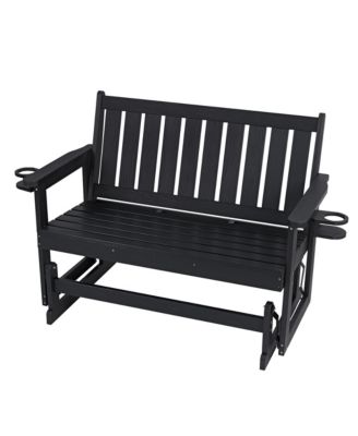 2-Person HIPS All-Weather Outdoor Glider Bench, Heavy-Duty Patio Rocking Loveseat with Removable Cup Holders