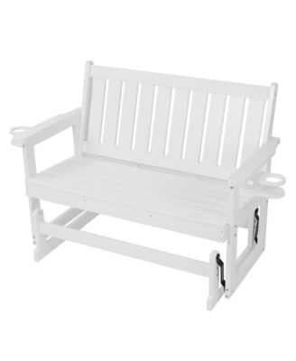 HIPS Poly Lumber Patio Glider Bench with Built-in Cup Holders, Weather-Resistant 2-Seater Outdoor Rocker for Porch & Garden