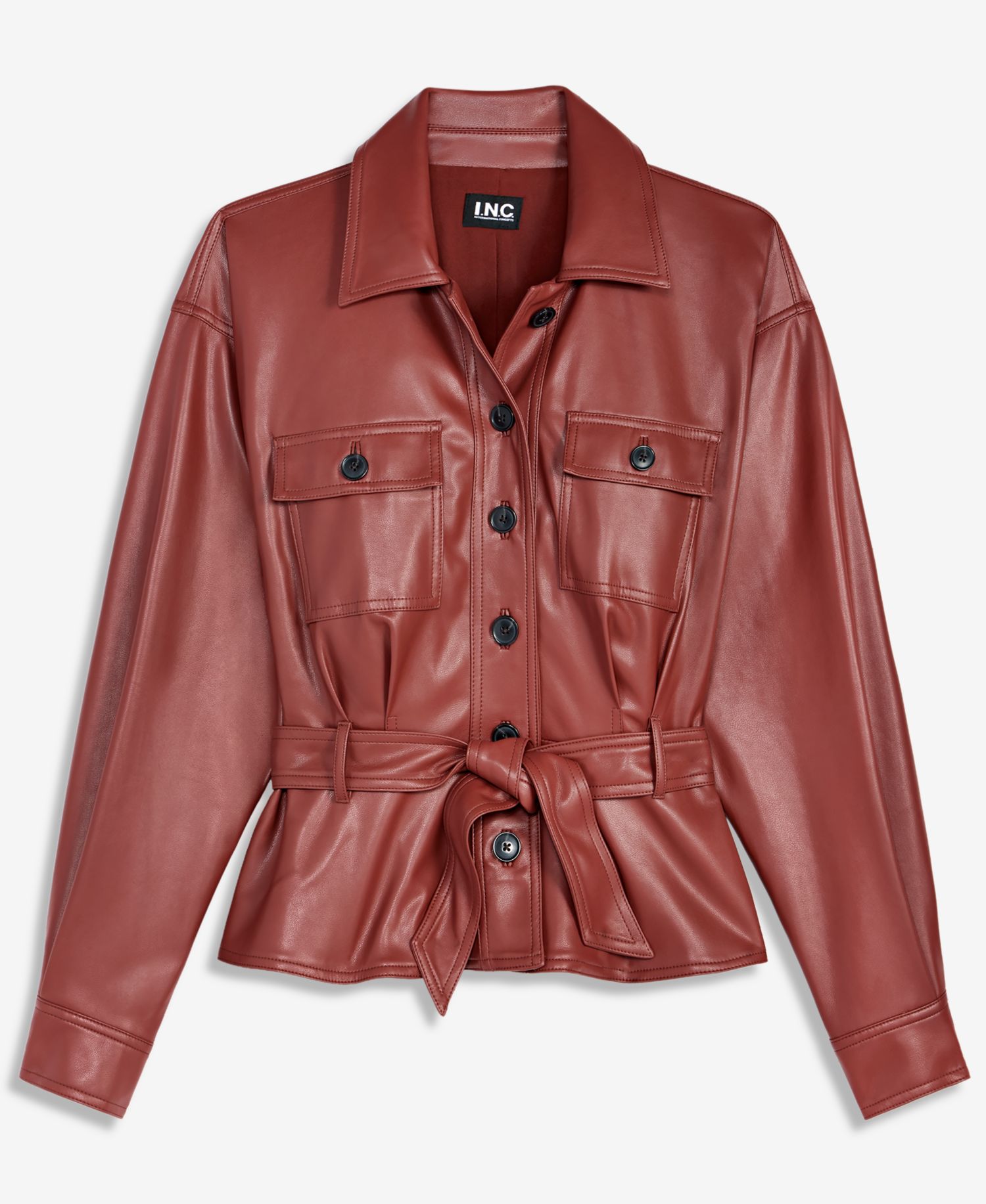 Women's Belted Faux Leather Peplum Shirt Jacket
