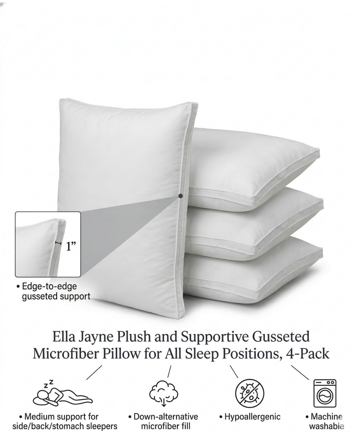 Ella Jayne Plush and Supportive Gusseted 4-Pack Pillow