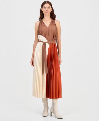 Women's V-Neck Pleated A-Line Midi Dress