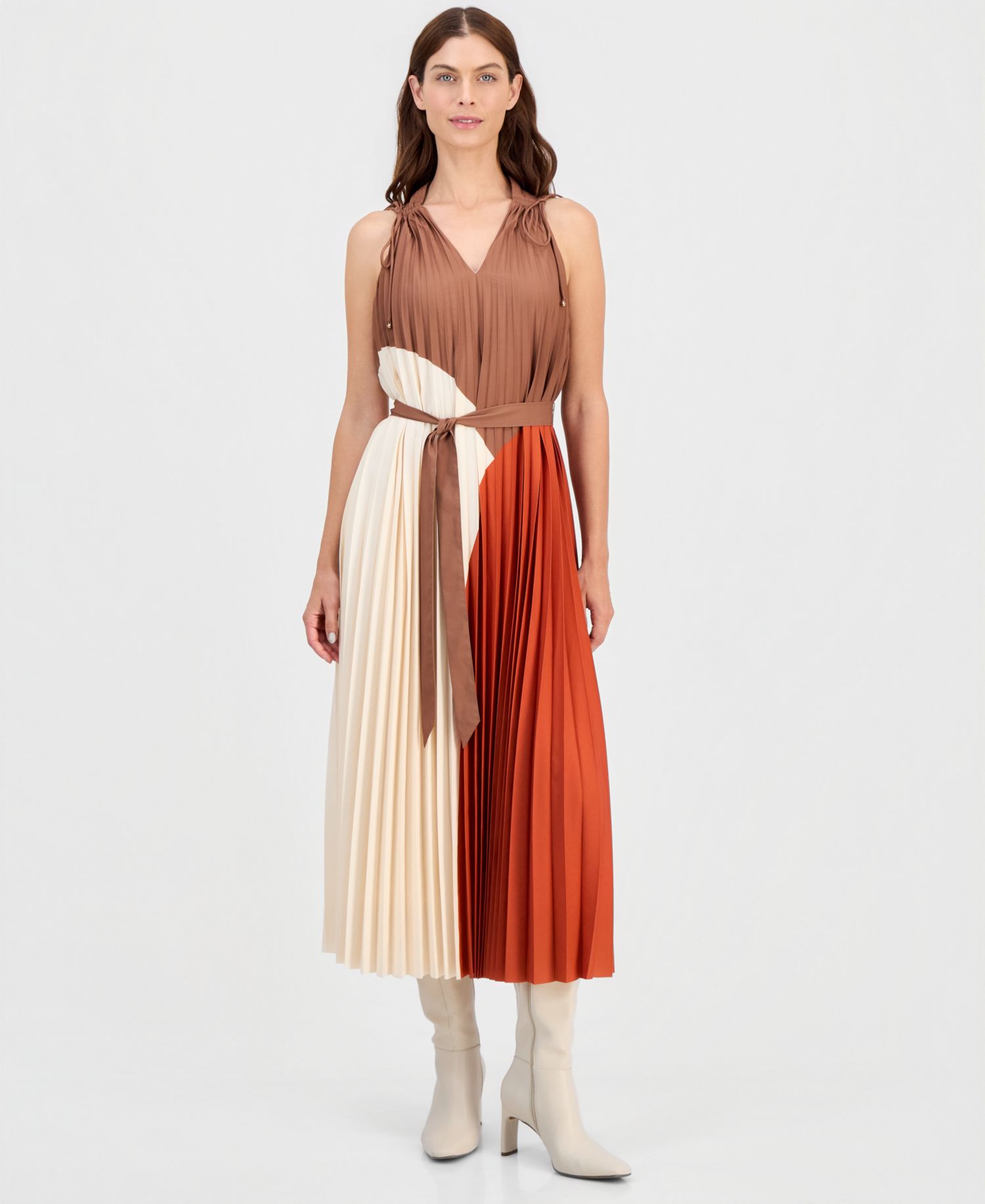 Women's V-Neck Pleated A-Line Midi Dress
