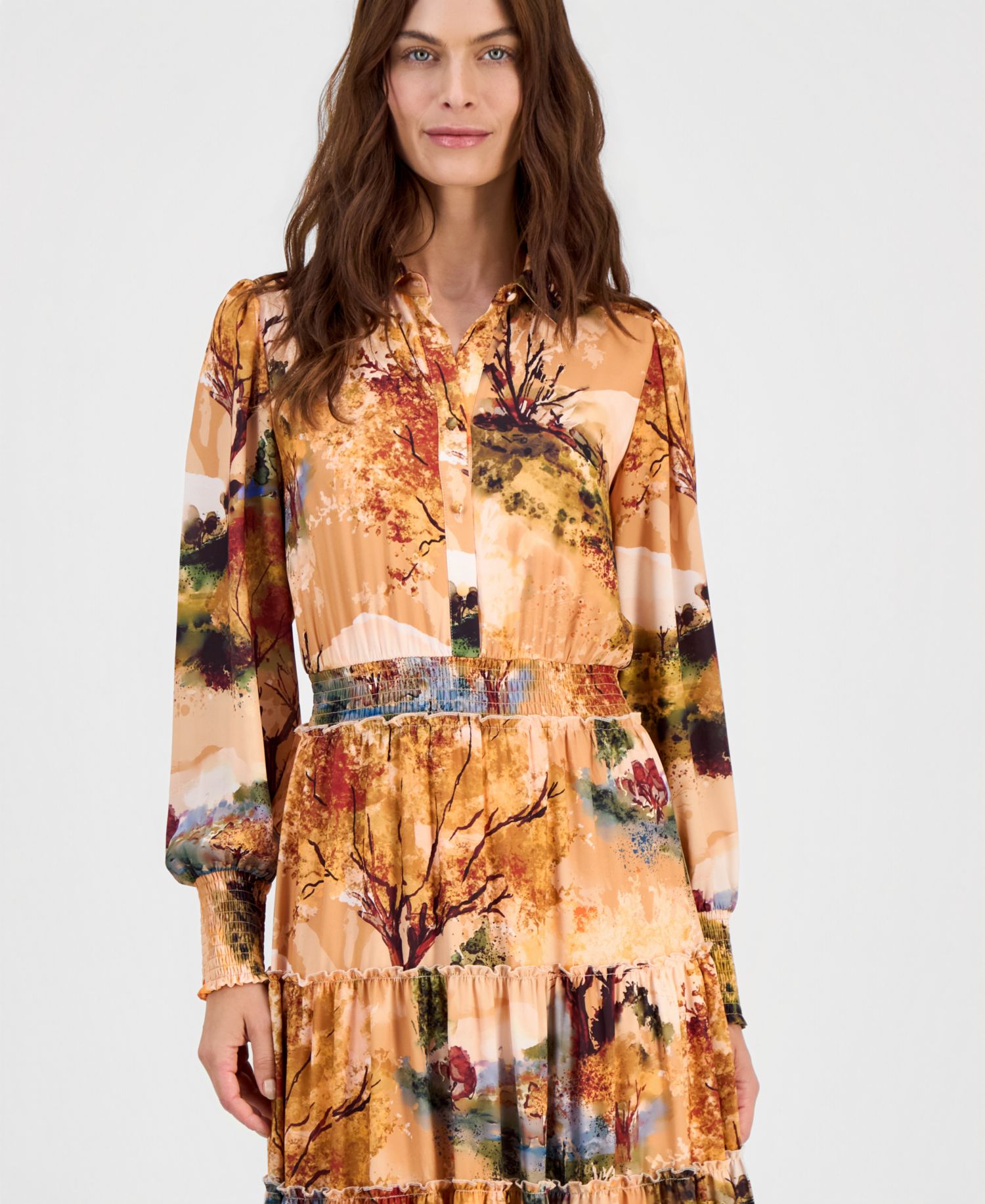 Women's Printed Smocked-Waist Ruffle-Tiered Dress