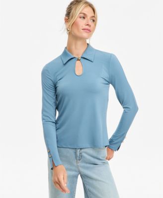 Women's Long-Sleeve Collared Keyhole Blouse