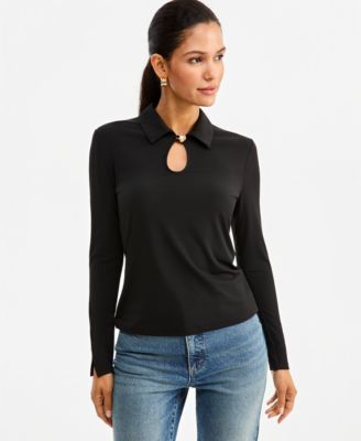 Women's Long-Sleeve Collared Keyhole Blouse