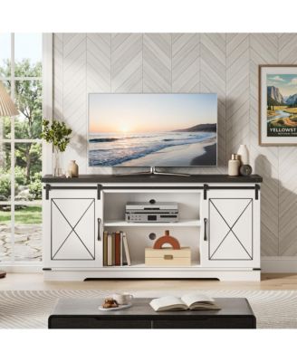 Rattan TV Stand Fits TVs Up to 70 Inches, Farmhouse Entertainment Center with 2 Cabinets and Open Shelves, Wooden Media Console Table