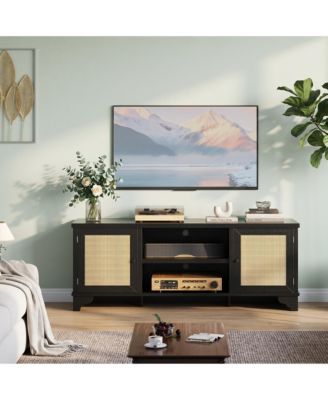 Rattan TV Stand Fits TVs Up to 70 Inches, Farmhouse Entertainment Center with 2 Cabinets and Open Shelves, Wooden Media Console Table