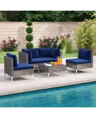 5 Piece Outdoor Furniture Set with Seat and Back Cushions Tempered Glass Coffee Table