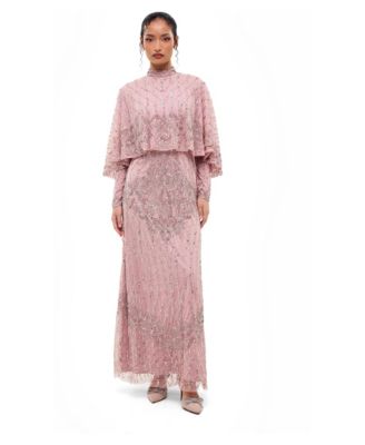 Women's Modest Cape Embellished Sequins Gown