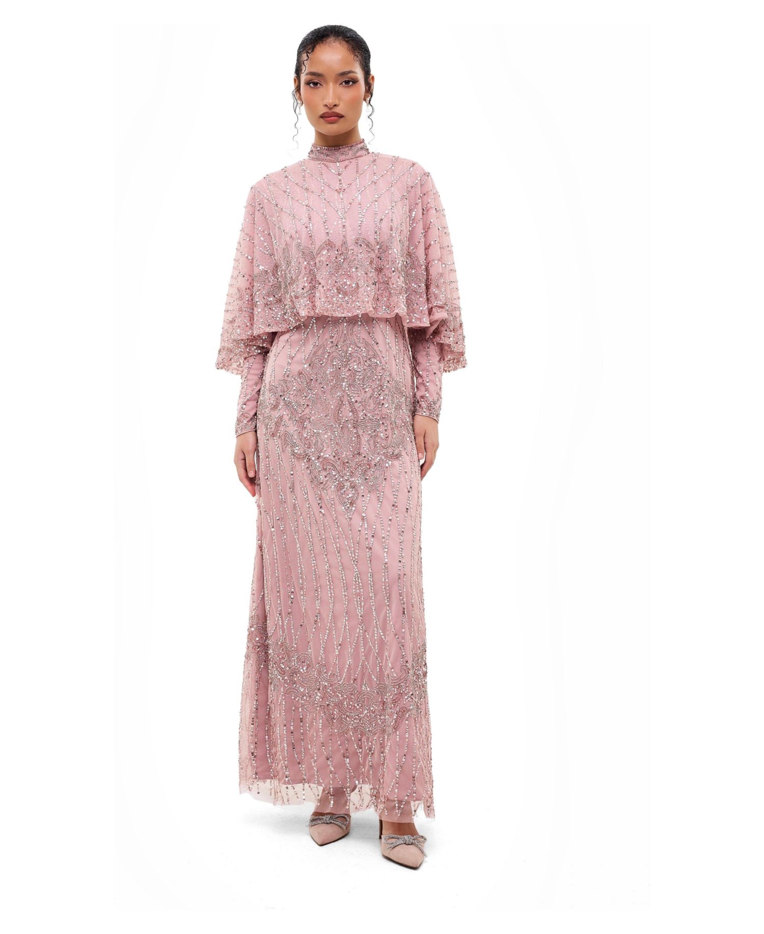 Women's Modest Cape Embellished Sequins Gown