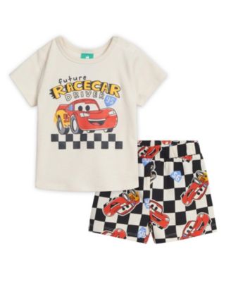 Winnie the Pooh Toddler Allover Print Short Sleeve Jersey Top and French Terry Bottoms Outfit - Mcqueen white black