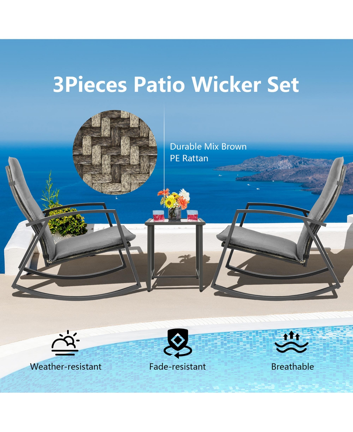 Costway 3 Piece Patio Rattan Rocking Chair Table Furniture Set Yard Cushion