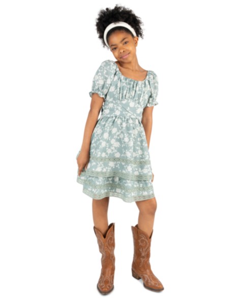 Платья Rare Editions Girls' 7-14 Floral Linen 2-Tier Skirt Dress