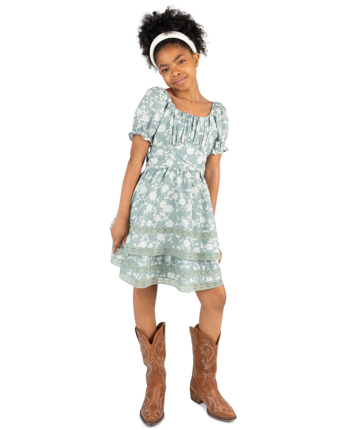 Платья Rare Editions Girls' 7-14 Floral Linen 2-Tier Skirt Dress — фото 1
