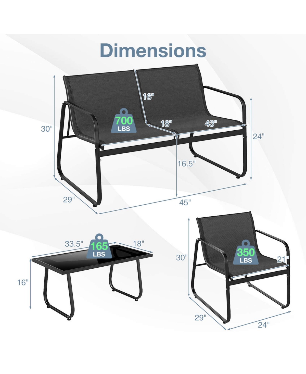 Costway Piece Patio Furniture Set Fabric Lawn Chairs and Loveseat with Coffee Table