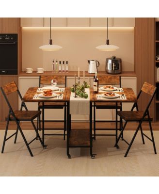 Folding Dining Table Set with 4 Chairs - Drop Leaf Kitchen Table, Storage and Lockable Wheels, Space-Saving for Kitchen or Dining Room