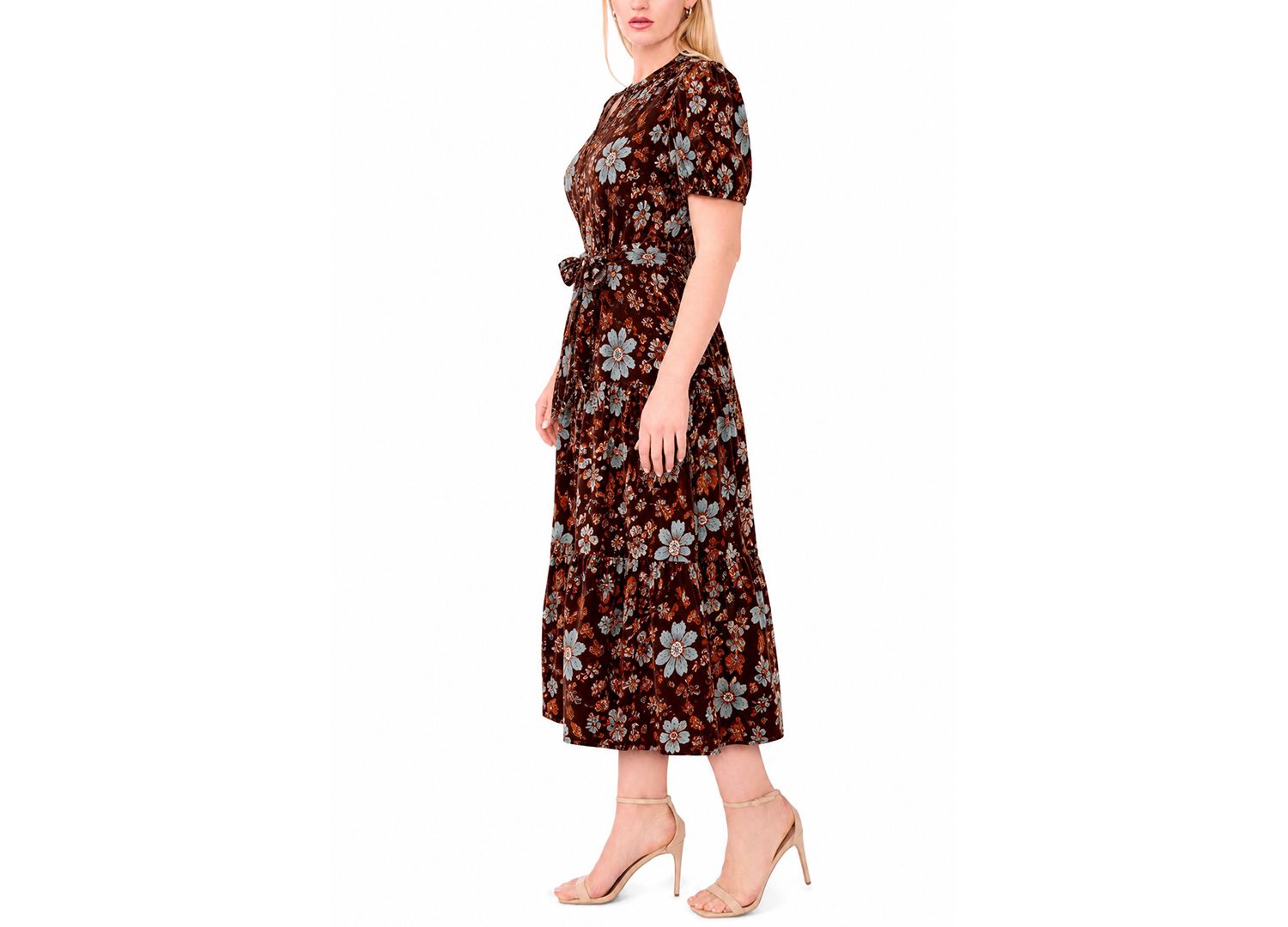 Plus Size Puff-Sleeve Belted Midi Dress