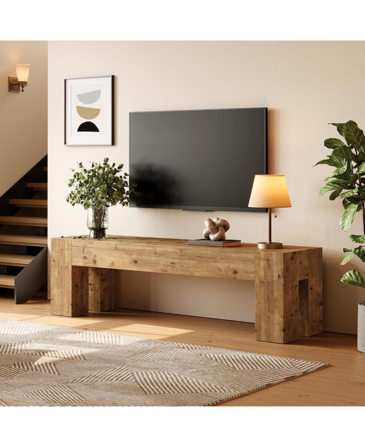 Tribesigns Solid Wood Tv Stand, 63" Rustic Extra Long Heavy Duty Media Tv Consoles Table with Sturdy Frame for Living Room - Walnut