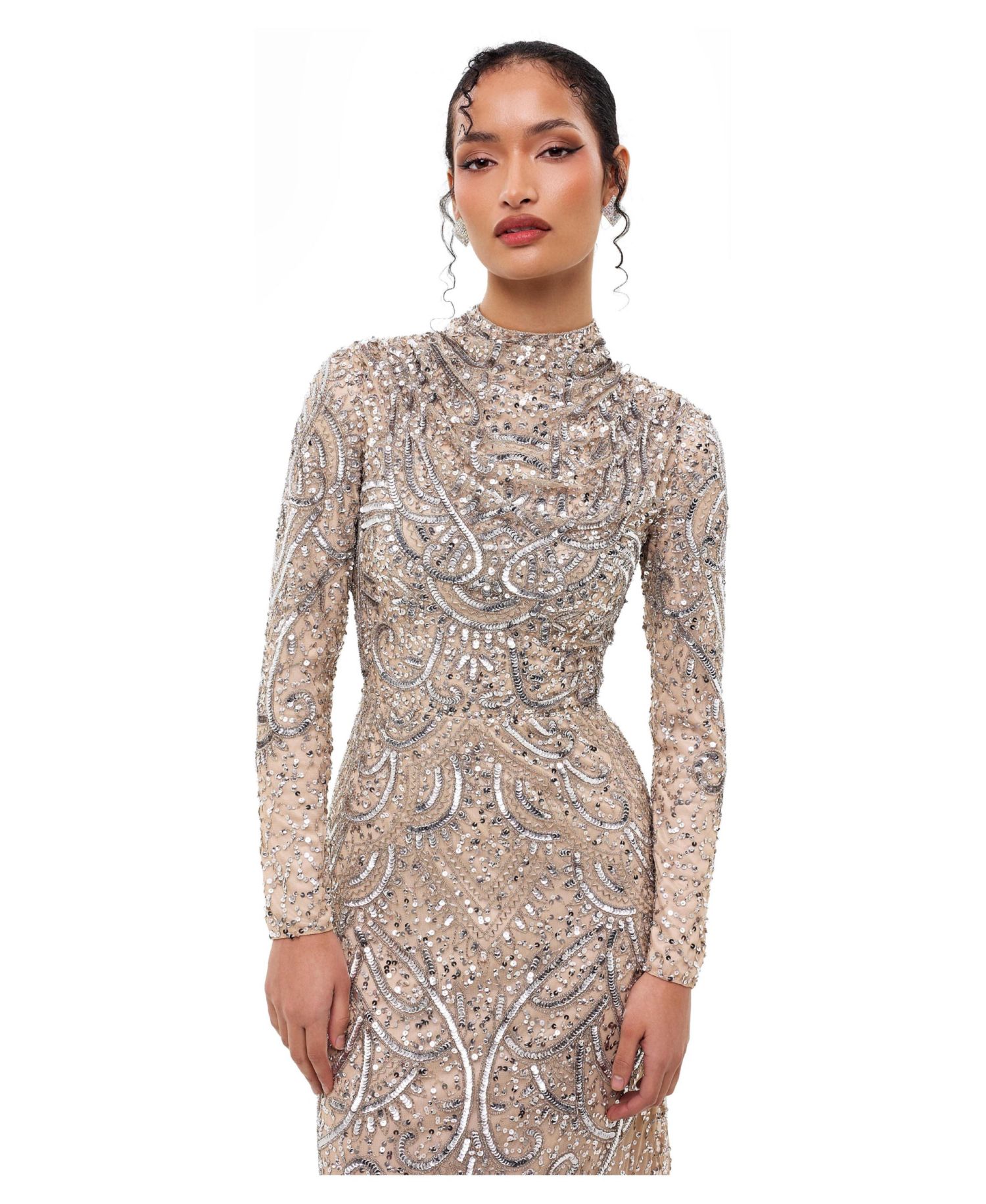 Women's Modest Cowl Embellished Sequins Maxi Dress