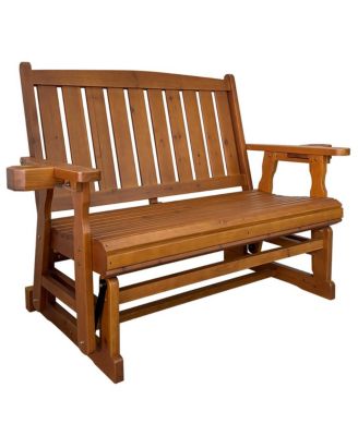 Solid Fir Wood 2-Person Outdoor Glider Bench, Heavy-Duty Wooden Patio Rocking Loveseat with Cup Holders