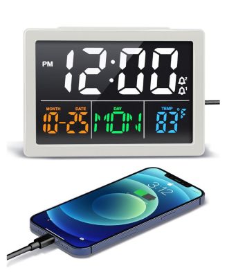5.5 Inch Large LED Digital Alarm Clock 6 Brightness Levels 8 Alarm Sounds (30 to 85 dB) 9 Minute Snooze USB Charger Temperature Display Plug in