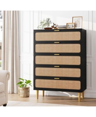 5-Drawer Rattan Tall Dresser, Deep Storage Wood Chest