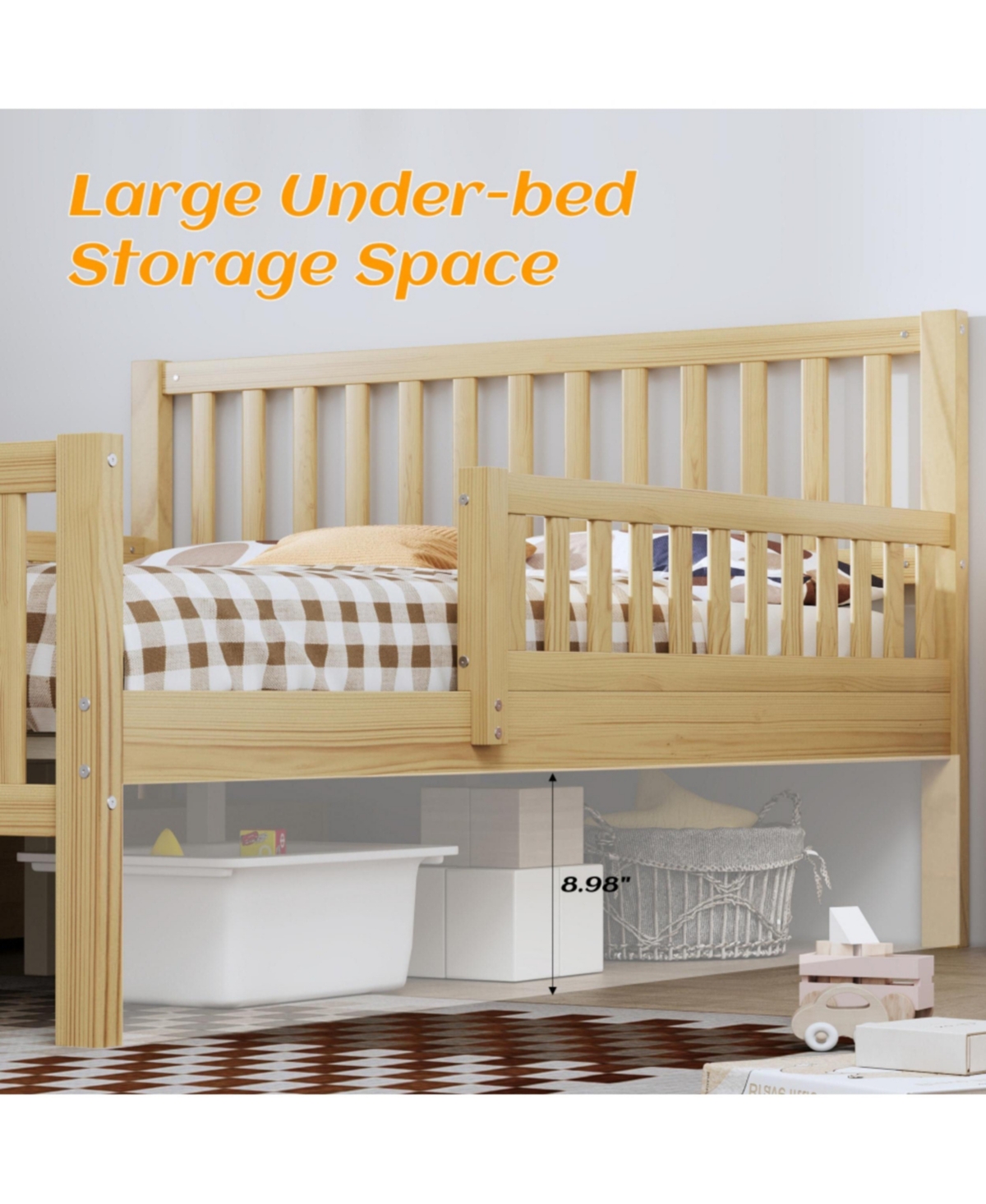 Rainsken Simple Wood Platform Bed with Guardrails on Both Sides and Two Storage Drawers