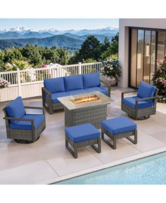 6 Pieces Patio Furniture Set, Outdoor Wicker Sofa Couch with Fire Pit Table, Ottomans and Cushions, All Weather Rattan Conversation Set