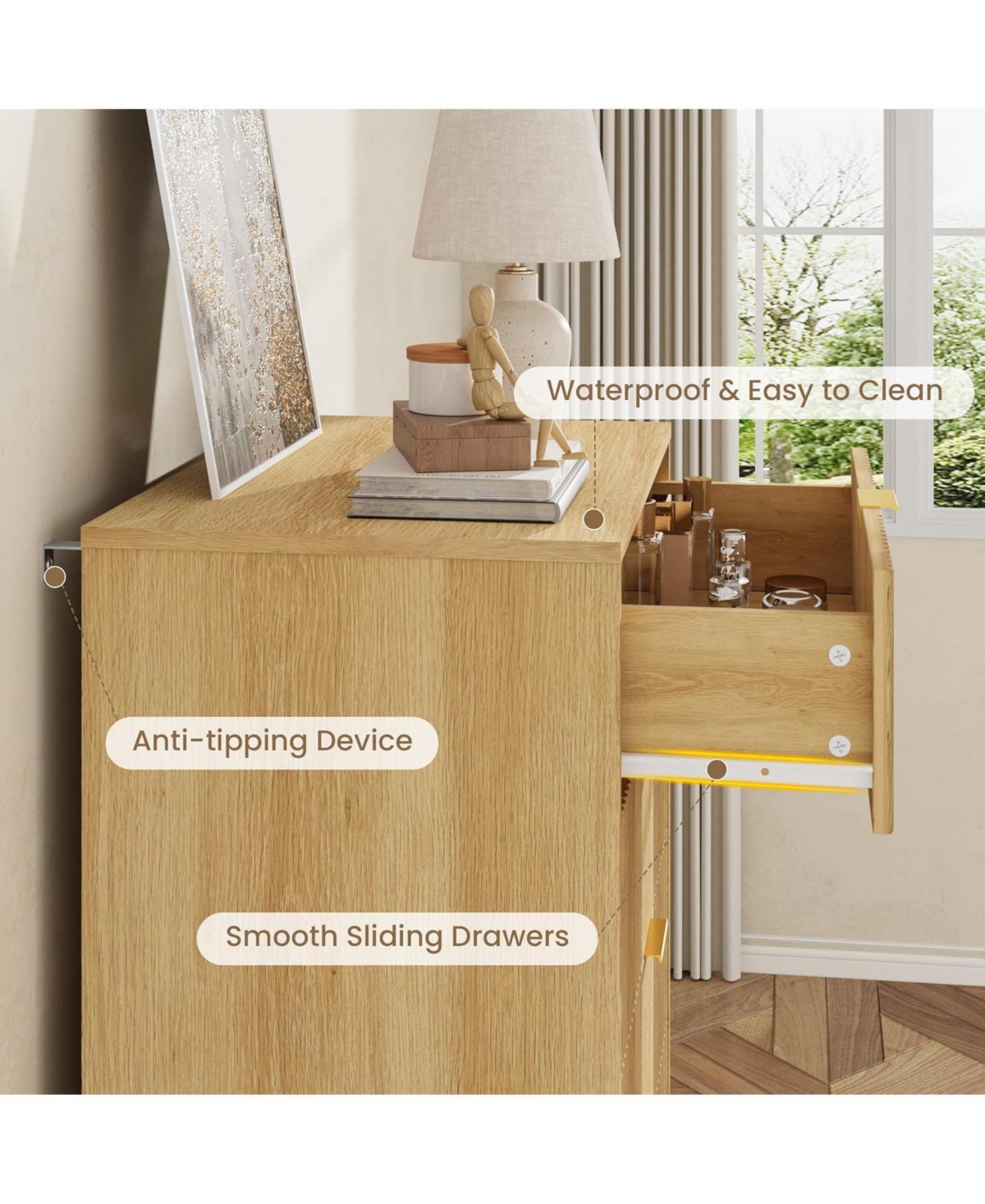 gaomon 5 Drawer Wooden Fluted Tall Dresser with Metal Handles