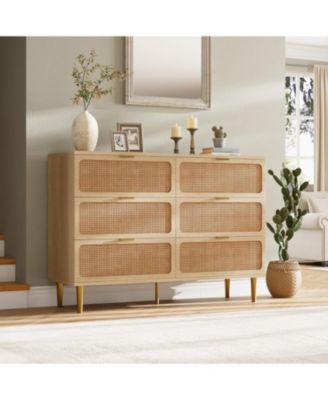 Rattan 6 Drawer Dresser Natural Wood Deep Storage Metal Handles for Bedroom and Living Room