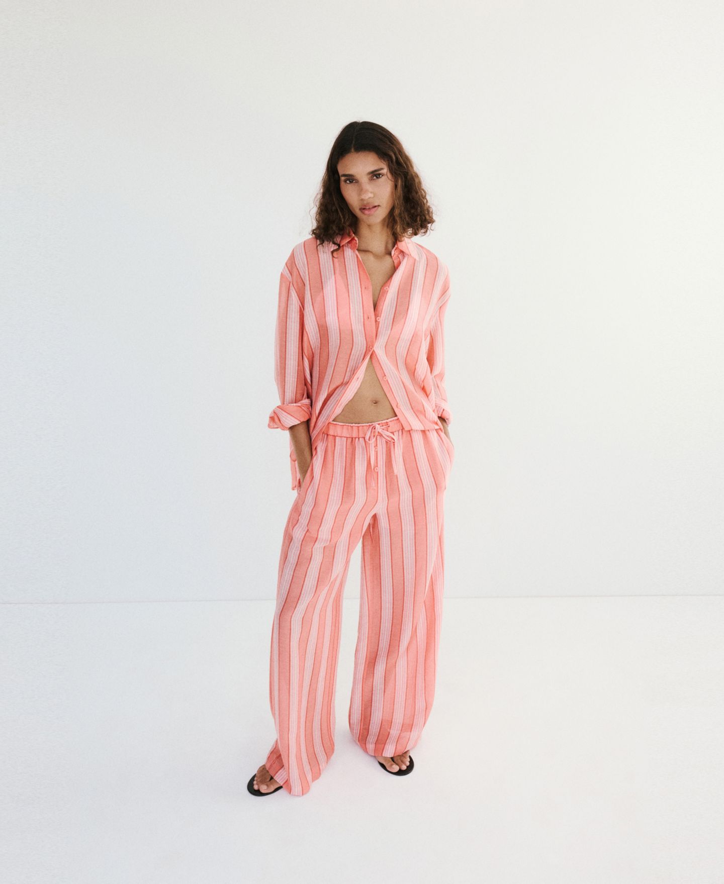 Женская рубашка Mango Striped Linen-Lyocell-Blend, цвет: Оранжевый — фото 2